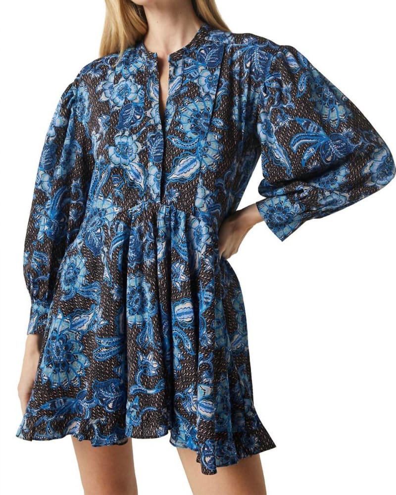 Front of a model wearing a size L Nolan Dress In Blue Sunflowers in Blue Sunflowers by Misa Los Angeles. | dia_product_style_image_id:344684